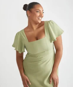 Square Neck Flutter Sleeve Crepe Bridesmaid Dress - Sage