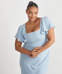 Square Neck Flutter Sleeve Crepe Bridesmaid Dress - Pale Blue