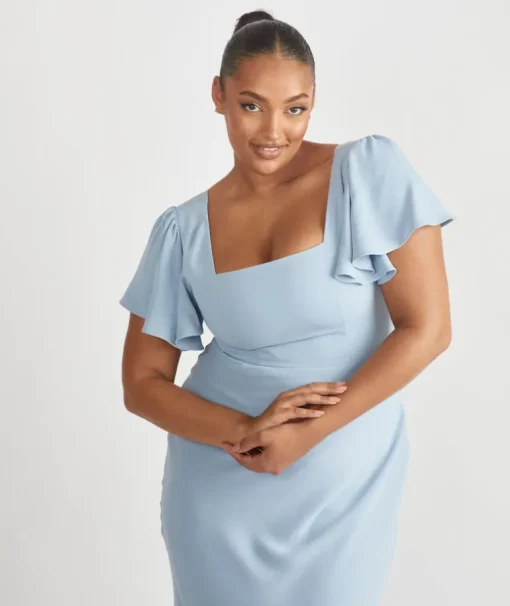 Square Neck Flutter Sleeve Crepe Bridesmaid Dress - Pale Blue