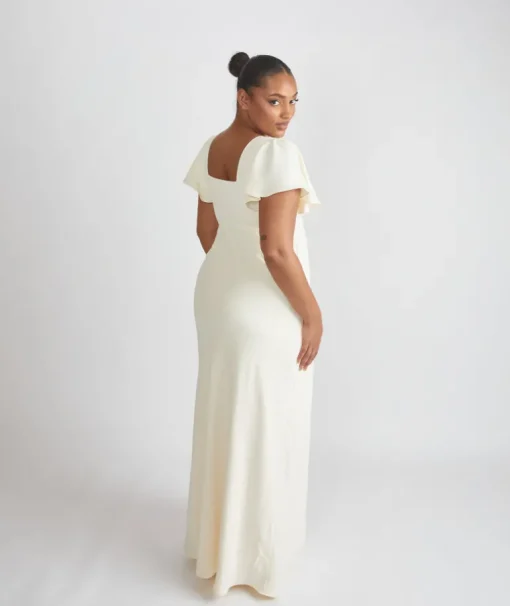 Square Neck Flutter Sleeve Crepe Bridesmaid Dress - Almond