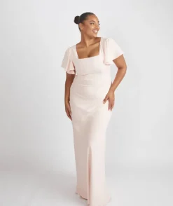 Square Neck Flutter Sleeve Crepe Bridesmaid Dress - Blush