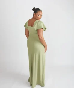 Square Neck Flutter Sleeve Crepe Bridesmaid Dress - Sage