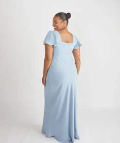 Square Neck Flutter Sleeve Crepe Bridesmaid Dress - Pale Blue