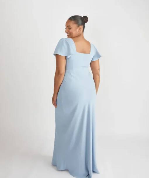 Square Neck Flutter Sleeve Crepe Bridesmaid Dress - Pale Blue