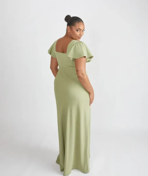 Square Neck Flutter Sleeve Crepe Bridesmaid Dress - Sage