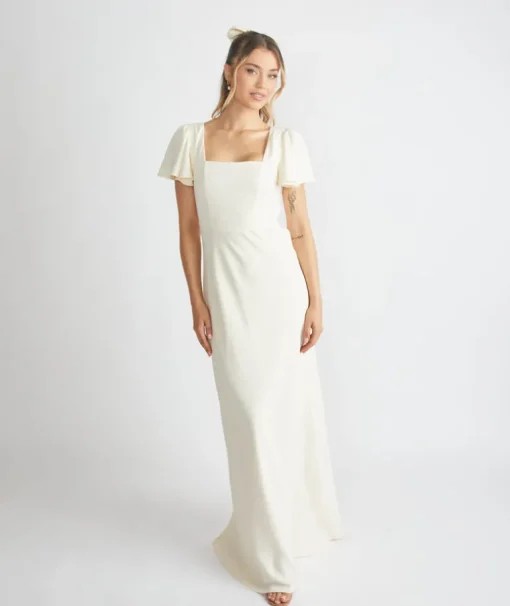 Square Neck Flutter Sleeve Crepe Bridesmaid Dress - Almond