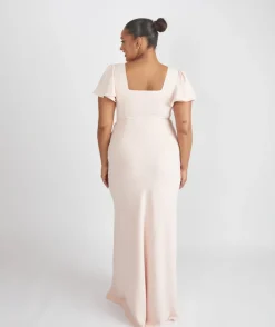 Square Neck Flutter Sleeve Crepe Bridesmaid Dress - Blush