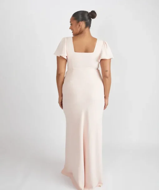 Square Neck Flutter Sleeve Crepe Bridesmaid Dress - Blush