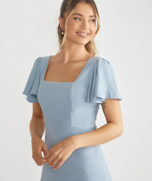 Square Neck Flutter Sleeve Crepe Bridesmaid Dress - Pale Blue