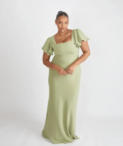 Square Neck Flutter Sleeve Crepe Bridesmaid Dress - Sage