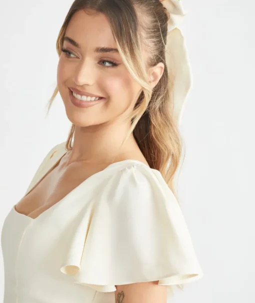 Square Neck Flutter Sleeve Crepe Bridesmaid Dress - Almond