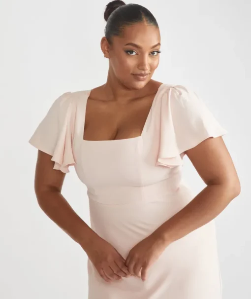 Square Neck Flutter Sleeve Crepe Bridesmaid Dress - Blush