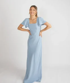 Square Neck Flutter Sleeve Crepe Bridesmaid Dress - Pale Blue