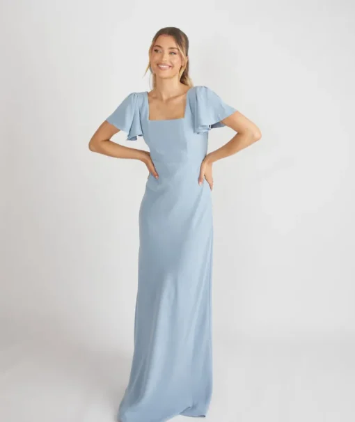 Square Neck Flutter Sleeve Crepe Bridesmaid Dress - Pale Blue