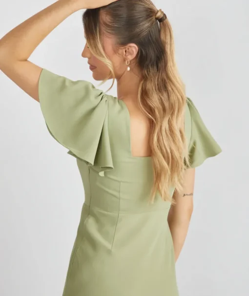 Square Neck Flutter Sleeve Crepe Bridesmaid Dress - Sage