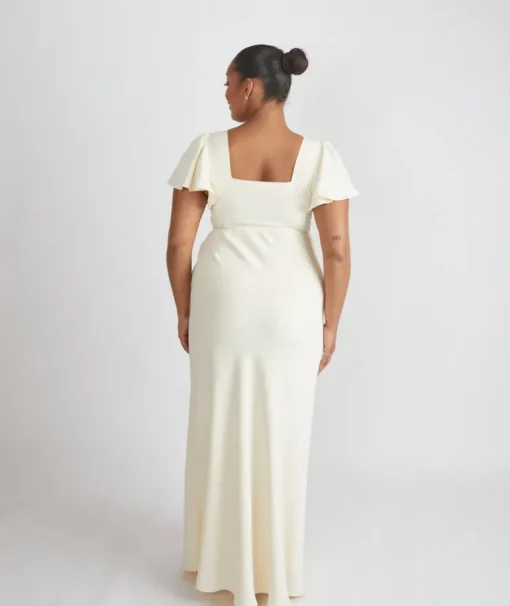 Square Neck Flutter Sleeve Crepe Bridesmaid Dress - Almond