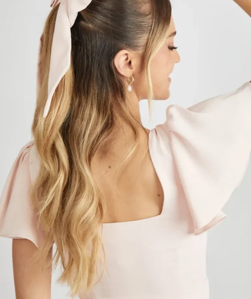 Square Neck Flutter Sleeve Crepe Bridesmaid Dress - Blush