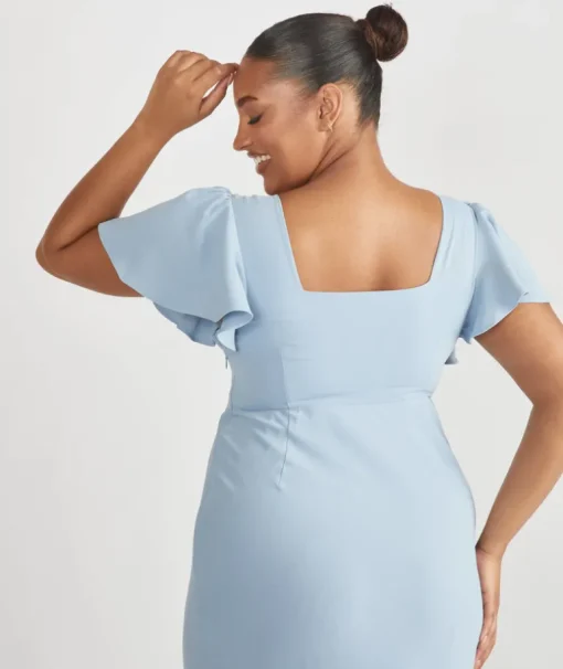 Square Neck Flutter Sleeve Crepe Bridesmaid Dress - Pale Blue
