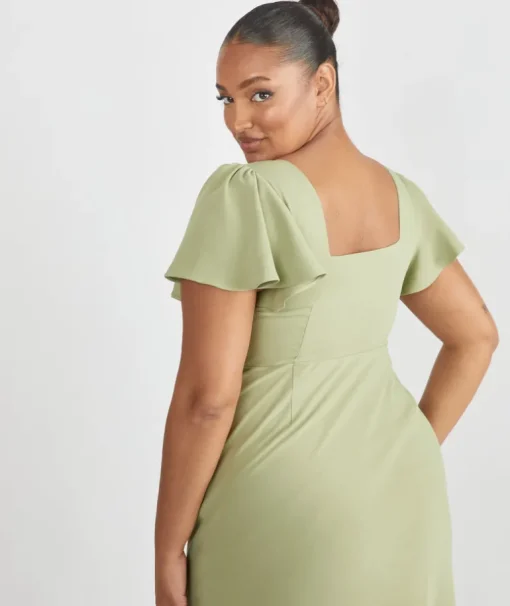 Square Neck Flutter Sleeve Crepe Bridesmaid Dress - Sage