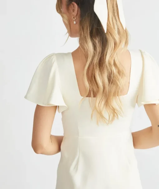 Square Neck Flutter Sleeve Crepe Bridesmaid Dress - Almond