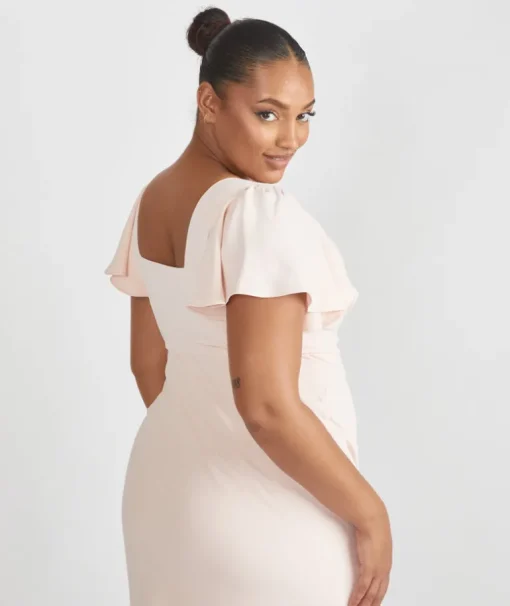 Square Neck Flutter Sleeve Crepe Bridesmaid Dress - Blush