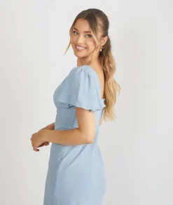 Square Neck Flutter Sleeve Crepe Bridesmaid Dress - Pale Blue