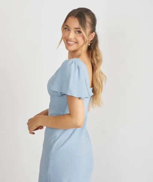Square Neck Flutter Sleeve Crepe Bridesmaid Dress - Pale Blue