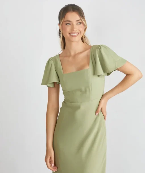 Square Neck Flutter Sleeve Crepe Bridesmaid Dress - Sage