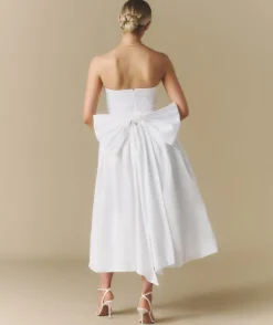 Strapless Bow Back Pleated Midi Dress - White