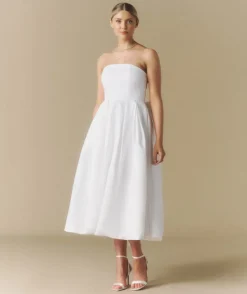 Strapless Bow Back Pleated Midi Dress - White