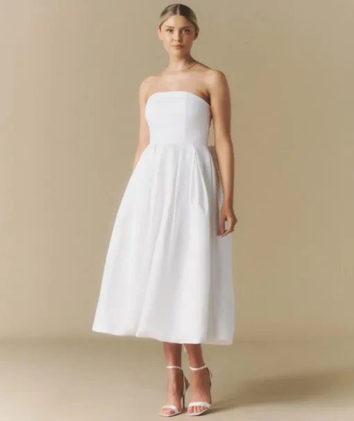 Strapless Bow Back Pleated Midi Dress - White