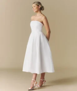 Strapless Bow Back Pleated Midi Dress - White
