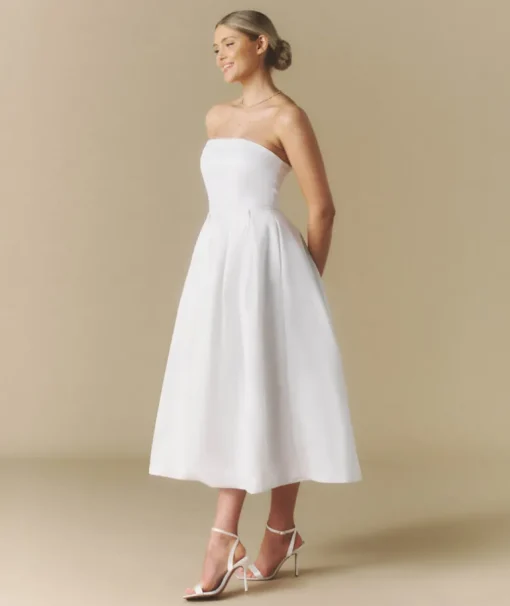 Strapless Bow Back Pleated Midi Dress - White