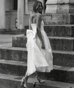 Strapless Bow Back Pleated Midi Dress - White