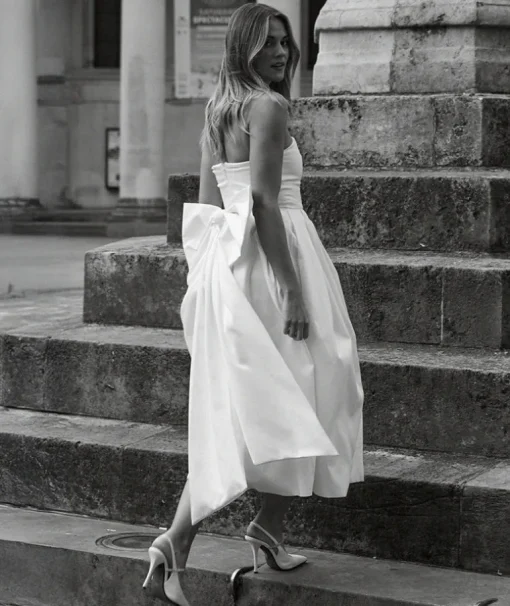 Strapless Bow Back Pleated Midi Dress - White