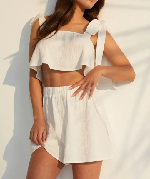 Tie Shoulder Cotton Cami and Short Night Set - Ivory