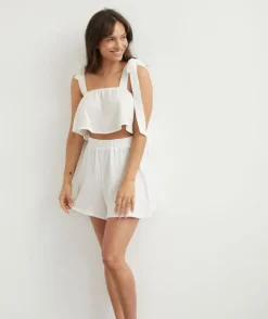 Tie Shoulder Cotton Cami and Short Night Set - Ivory