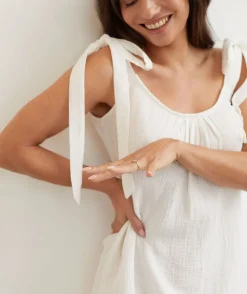 Tie Shoulder Cotton Night Dress - Ivory