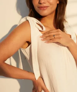 Tie Shoulder Cotton Night Dress - Ivory