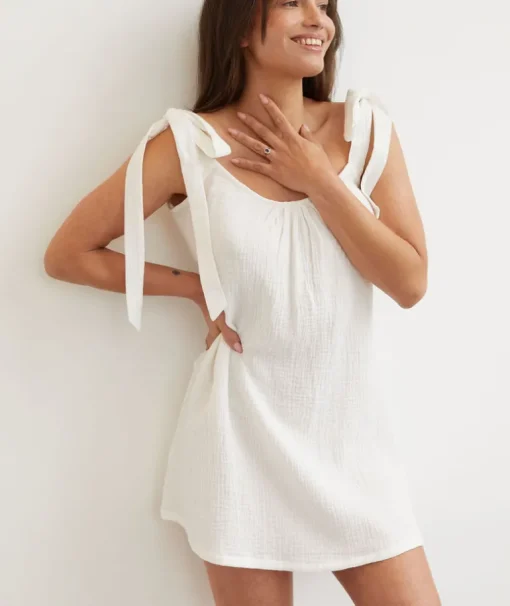 Tie Shoulder Cotton Night Dress - Ivory