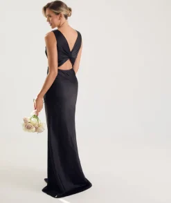 Twist Back Satin Bridesmaid Dress - Black