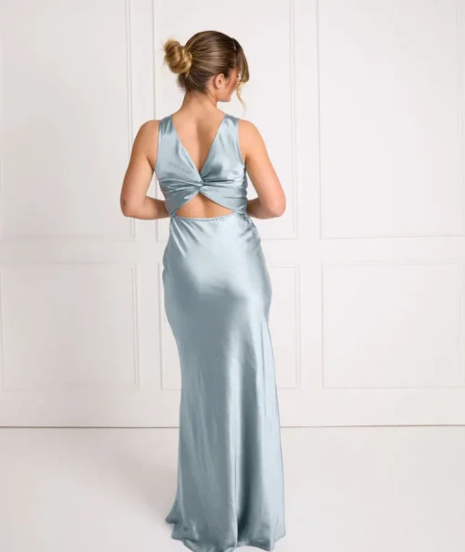Twist Back Satin Bridesmaid Dress - Dusty Blue