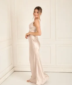 Twist Back Satin Bridesmaid Dress - Oyster
