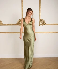 Twist Back Satin Bridesmaid Dress - Moss Green