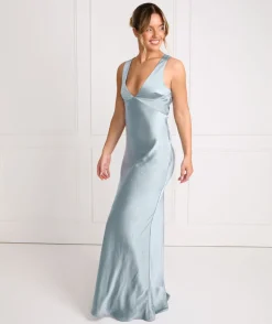 Twist Back Satin Bridesmaid Dress - Dusty Blue
