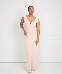 V Neck Plunge Crepe Bridesmaid Dress - Blush