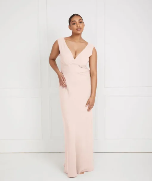 V Neck Plunge Crepe Bridesmaid Dress - Blush