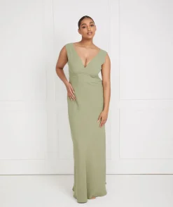 V Neck Plunge Crepe Bridesmaid Dress - Sage