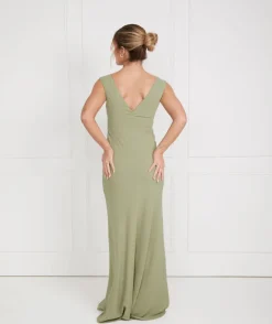 V Neck Plunge Crepe Bridesmaid Dress - Sage
