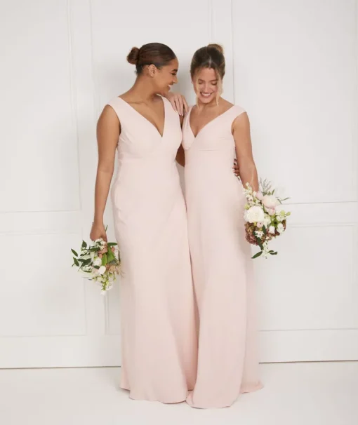 V Neck Plunge Crepe Bridesmaid Dress - Blush